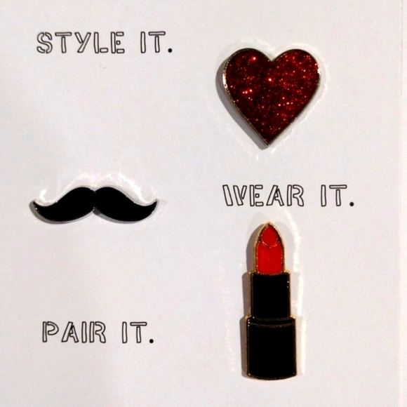 Stylish Enamel Pin Set – Red Glitter Heart, Black Mustache & Luxe Lipstick Jewel - Picture 9 of 9